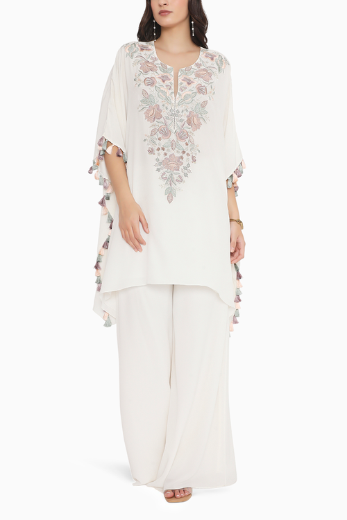 Ivory Embroidered Crepe Kaftan with Crepe Palazzo