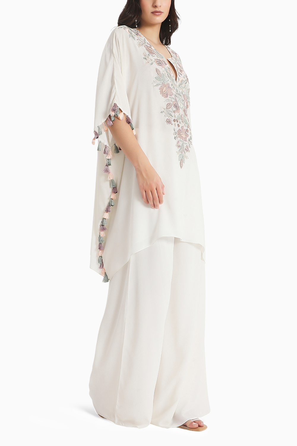 Ivory Embroidered Crepe Kaftan with Crepe Palazzo