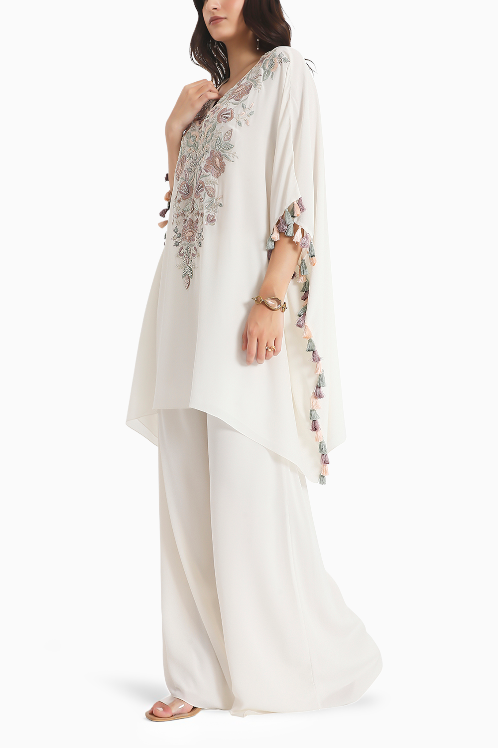 Ivory Embroidered Crepe Kaftan with Crepe Palazzo