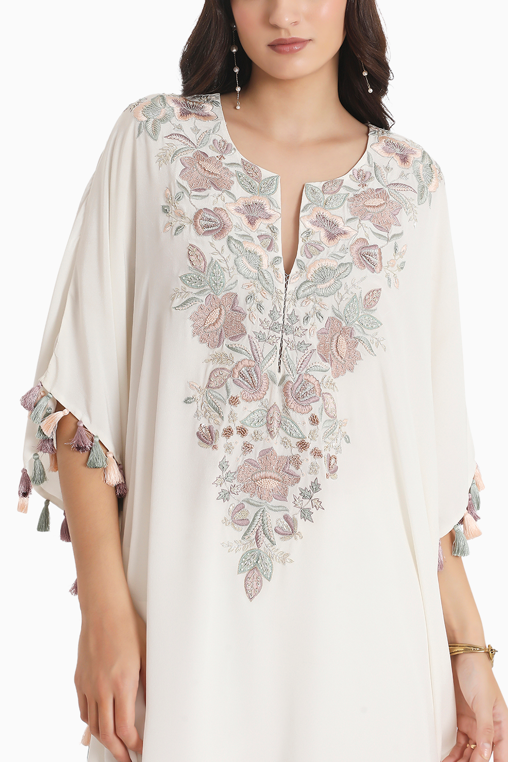 Ivory Embroidered Crepe Kaftan with Crepe Palazzo