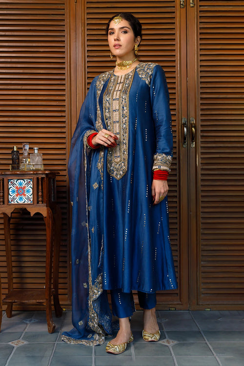 Ruksaan Navy Embroidred Yoke Kurta And Pant With Dupatta Set