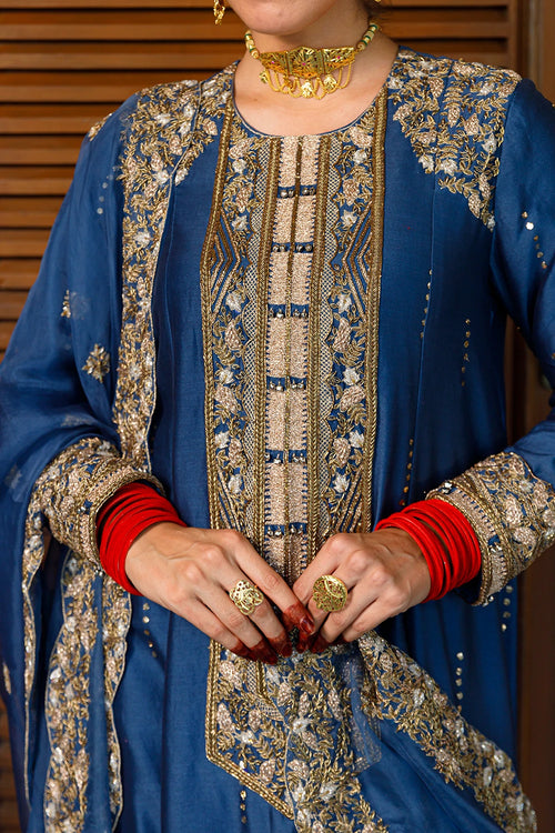 Ruksaan Navy Embroidred Yoke Kurta And Pant With Dupatta Set