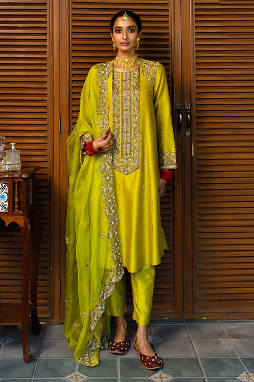Ruksaan Olive Green Embroidred Yoke Kurta Set