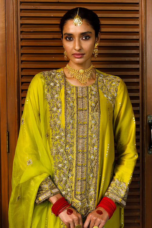 Ruksaan Olive Green Embroidred Yoke Kurta Set