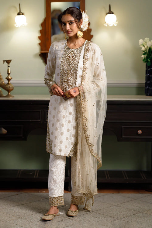 Gauhar Off White Straight Embroidered Yoke Kurta Set
