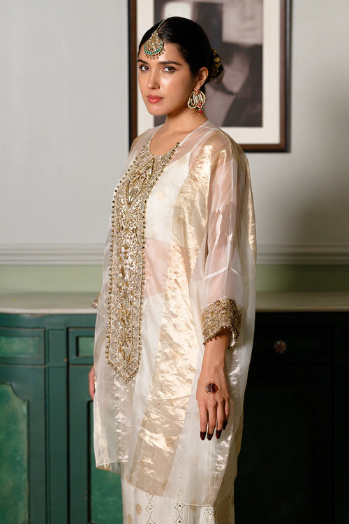 Parhez Gold Embroidered Tunic With Bustier And Palazzo