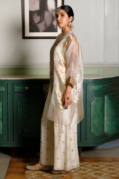 Parhez Gold Embroidered Tunic With Bustier And Palazzo