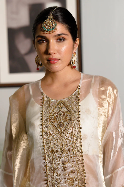 Parhez Gold Embroidered Tunic With Bustier And Palazzo