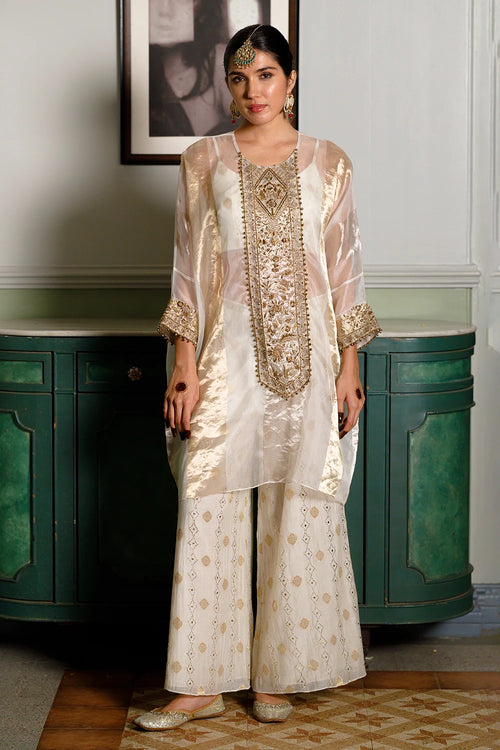Parhez Gold Embroidered Tunic With Bustier And Palazzo