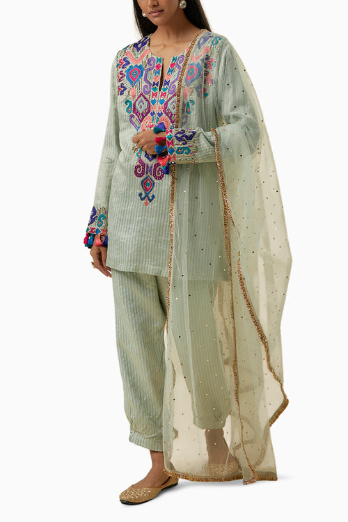 Pale Blue Short Kurta and Jogger Pants with Net Dupatta