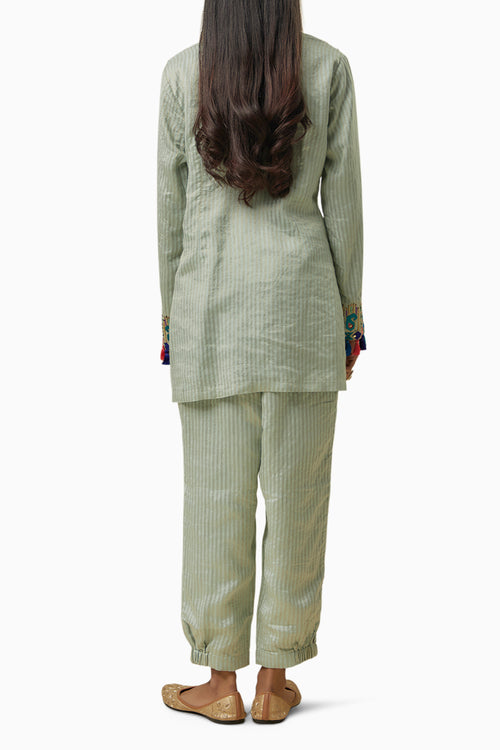 Pale Blue Short Kurta and Jogger Pants with Net Dupatta