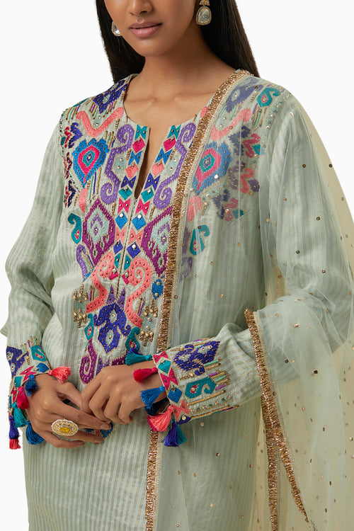 Pale Blue Short Kurta and Jogger Pants with Net Dupatta
