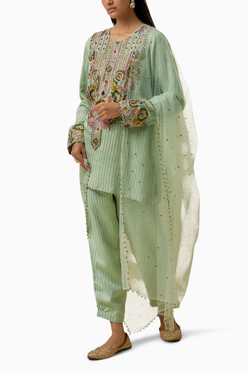 Mint Chanderi Kurta with Jogger Pants and Dupatta