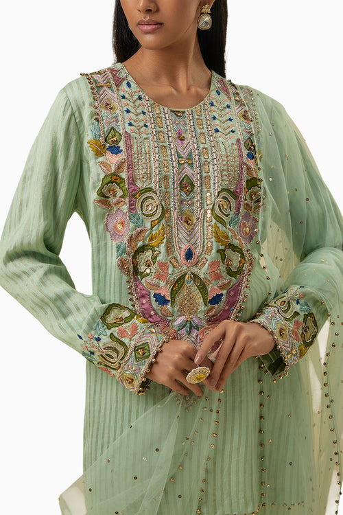 Mint Chanderi Kurta with Jogger Pants and Dupatta