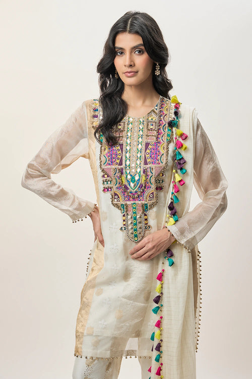 Shirin Off-White Organza Embroidered Yoke Kurta With Brocade Palazzo And Mul Dupatta