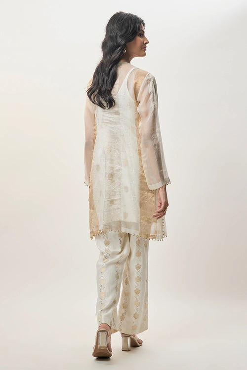 Shirin Off-White Organza Embroidered Yoke Kurta With Brocade Palazzo And Mul Dupatta