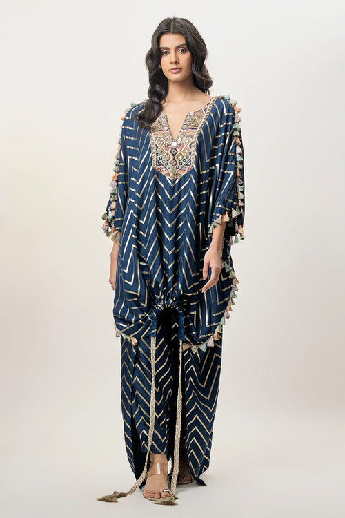 Raniya Navy Blue Dola Silk Embroidered Kaftan And Jogger Pant