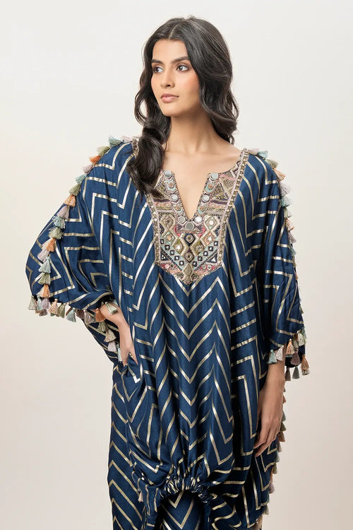 Raniya Navy Blue Dola Silk Embroidered Kaftan And Jogger Pant