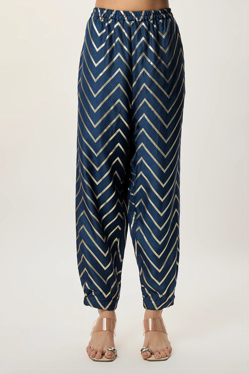 Raniya Navy Blue Dola Silk Embroidered Kaftan And Jogger Pant