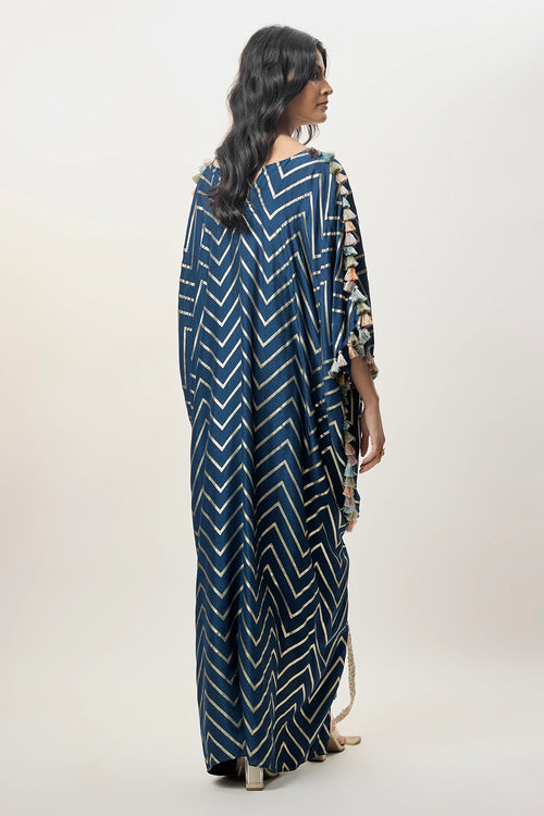 Raniya Navy Blue Dola Silk Embroidered Kaftan And Jogger Pant