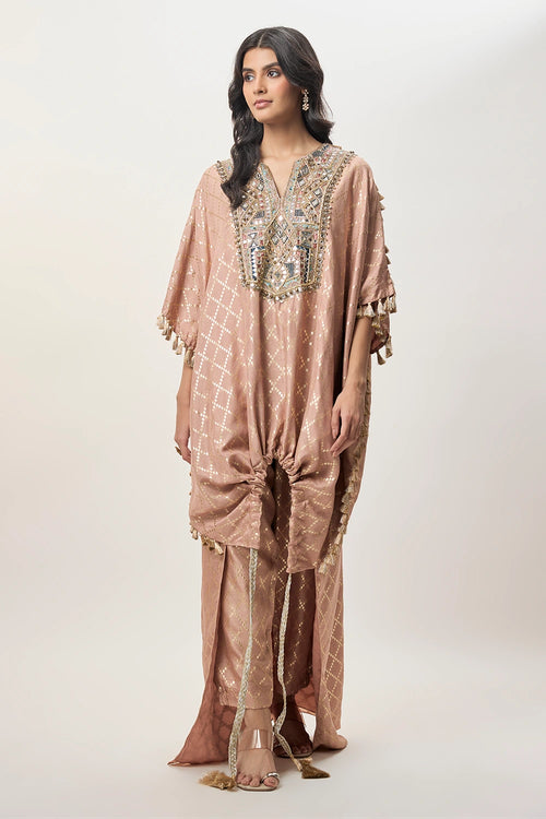 Sanaz Coral Dola Silk Embroidered Kaftan And Jogger Pant