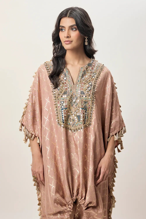 Sanaz Coral Dola Silk Embroidered Kaftan And Jogger Pant