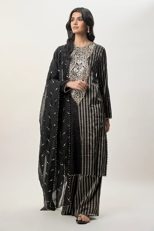 Sabil Black Stripe Tissue Embroidered Kurta With Palazzo And Mukaish Organza Dupatta