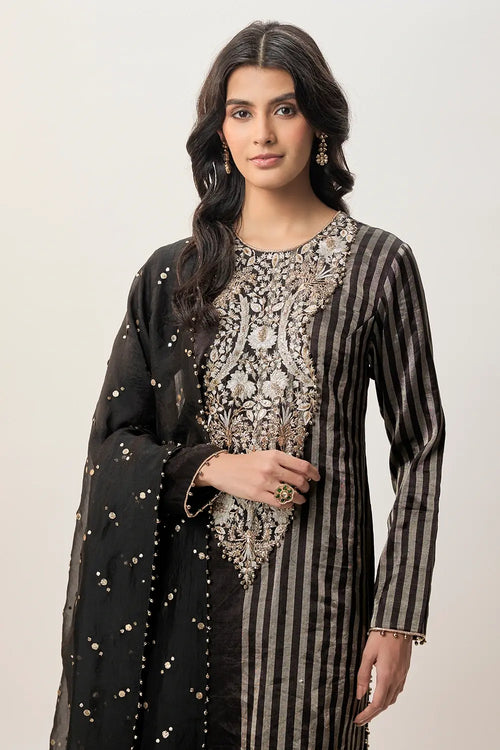 Sabil Black Stripe Tissue Embroidered Kurta With Palazzo And Mukaish Organza Dupatta