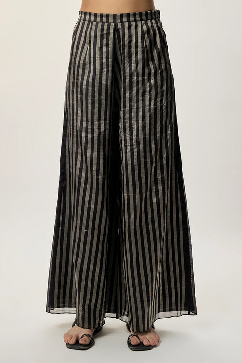 Sabil Black Stripe Tissue Embroidered Kurta With Palazzo And Mukaish Organza Dupatta