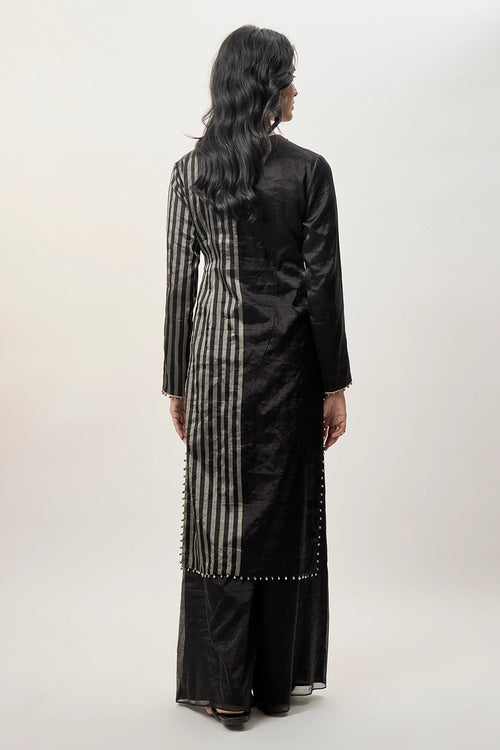Sabil Black Stripe Tissue Embroidered Kurta With Palazzo And Mukaish Organza Dupatta