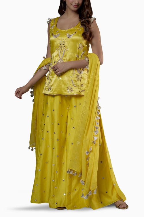 Lime Green Embroidered Kurta And Sharara With Dupatta