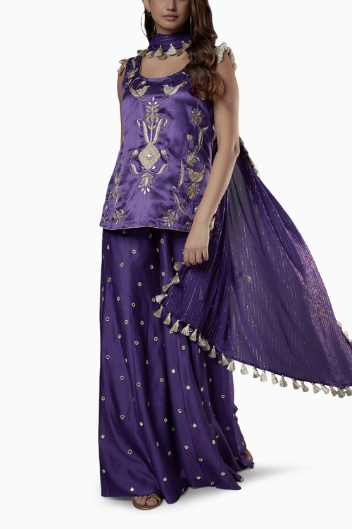 Purple Embroidered Kurta And Sharara With Dupatta