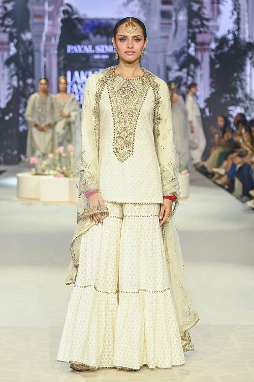 Shama Off White Kurta With Frilled Sharara And Dupatta Set