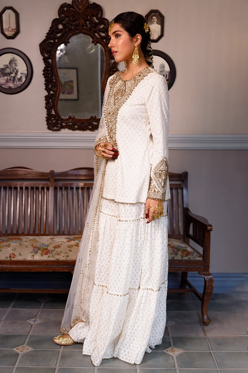Shama Off White Kurta With Frilled Sharara And Dupatta Set