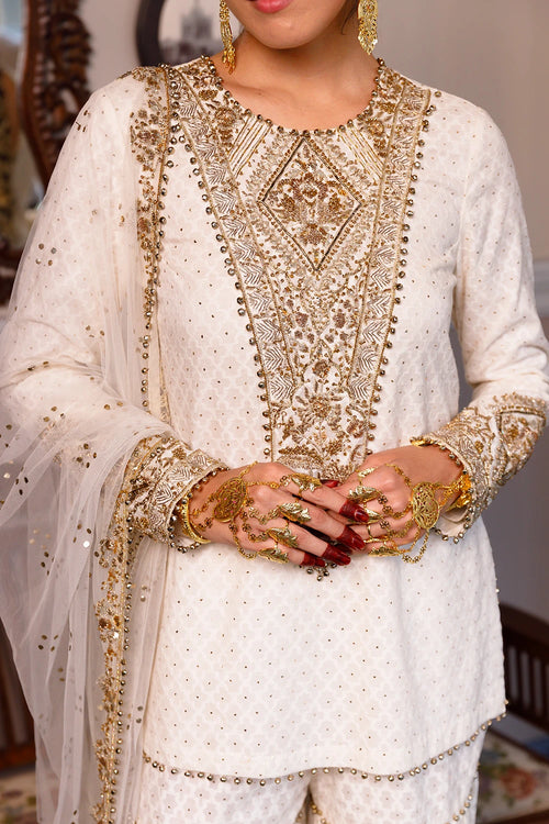 Shama Off White Kurta With Frilled Sharara And Dupatta Set
