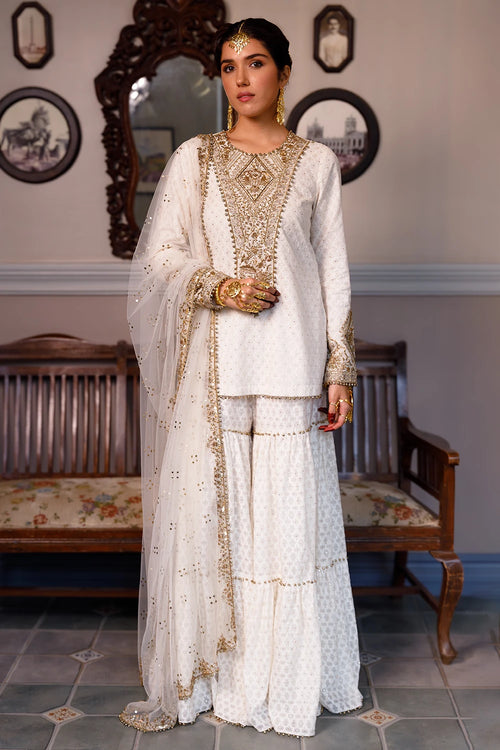 Shama Off White Kurta With Frilled Sharara And Dupatta Set