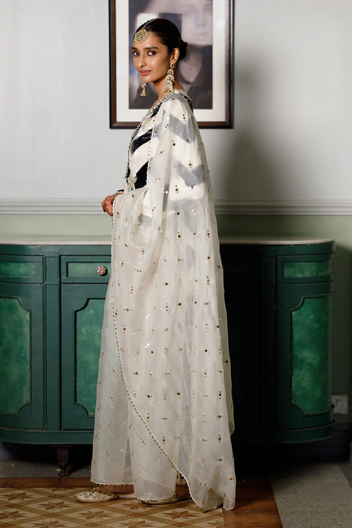 Asfi Black And White Embroidered Kurta And Salwar With Dupatta Set