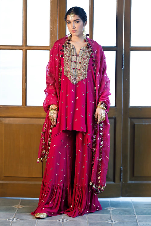 Magenta Pink Embroidered Kaftan And Frill Sharara With Dupatta Set