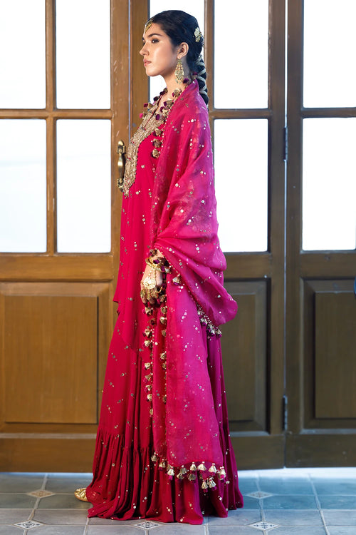 Magenta Pink Embroidered Kaftan And Frill Sharara With Dupatta Set