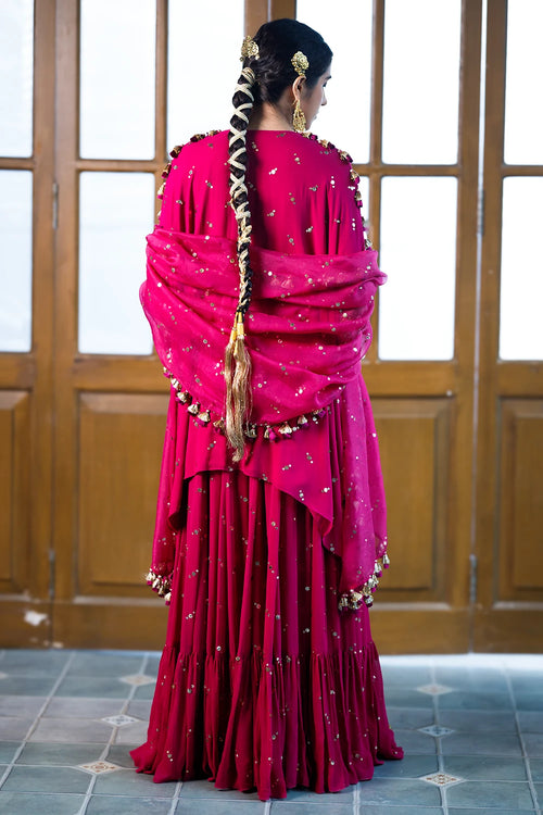 Magenta Pink Embroidered Kaftan And Frill Sharara With Dupatta Set
