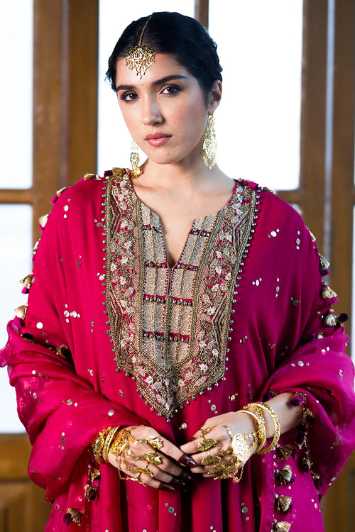 Magenta Pink Embroidered Kaftan And Frill Sharara With Dupatta Set