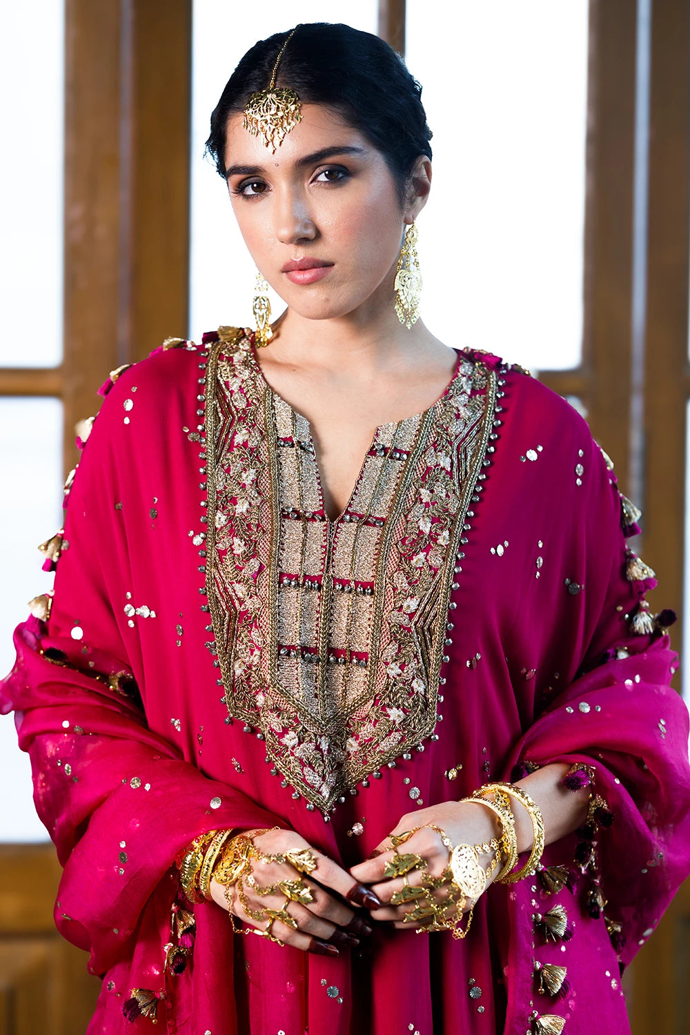 Magenta Pink Embroidered Kaftan And Frill Sharara With Dupatta Set