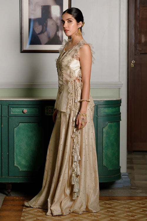 Fawzia Stone Embroidered Bib With Bustier And Sharara Set