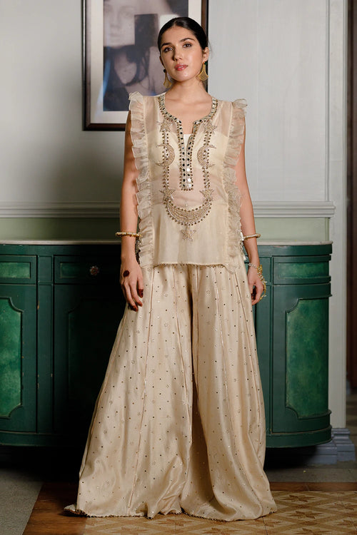 Fawzia Stone Embroidered Bib With Bustier And Sharara Set