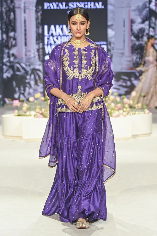 Fatima Purple Embroidered Kurta And Frill Sharara With Dupatta Set
