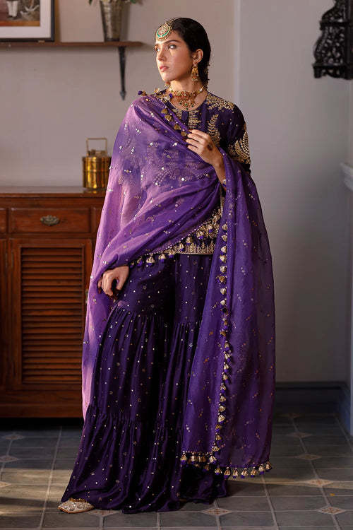 Fatima Purple Embroidered Kurta And Frill Sharara With Dupatta Set