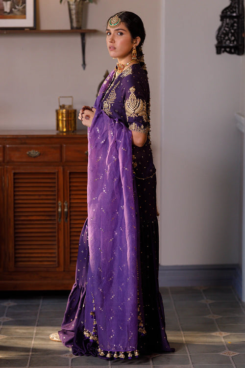 Fatima Purple Embroidered Kurta And Frill Sharara With Dupatta Set