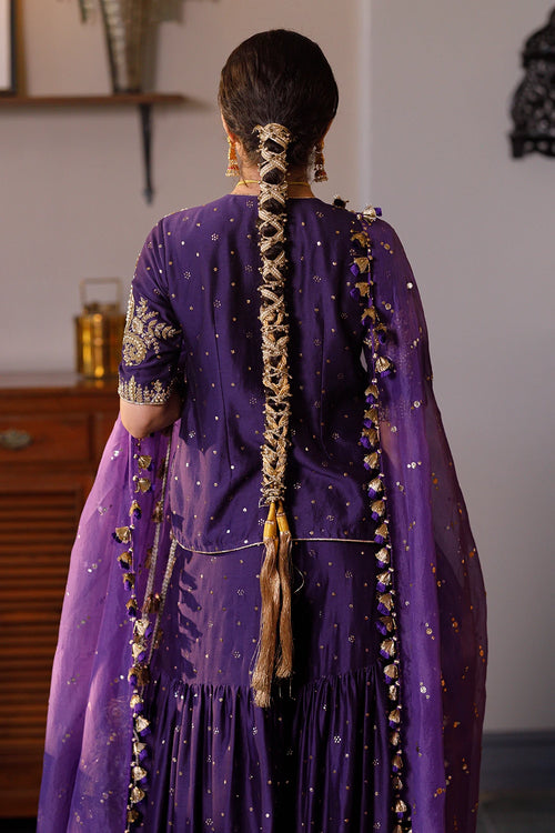 Fatima Purple Embroidered Kurta And Frill Sharara With Dupatta Set