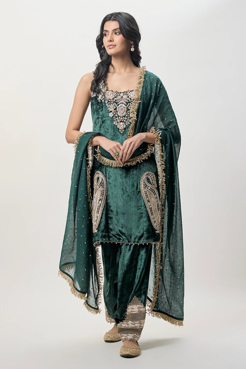 Elara Emerald Green Velvet Embroidered Kurta With Farshi Salwar And Mukaish Silkmul Dupatta