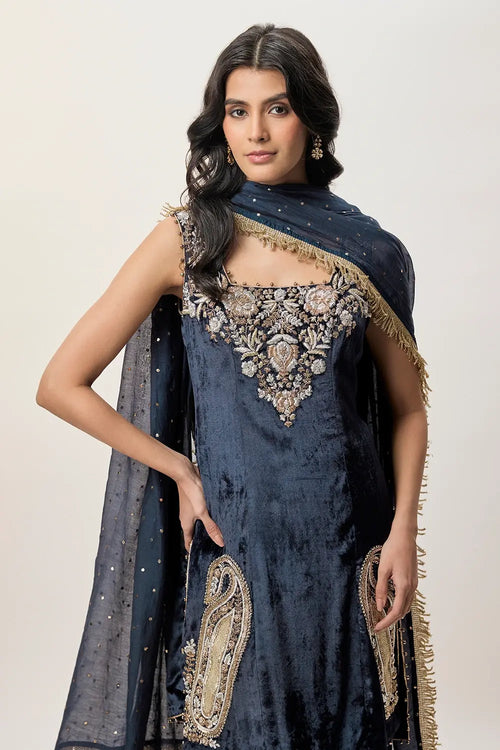 Elara Navy Blue Velvet Embroidered Kurta With Farshi Salwar And Mukaish Silkmul Dupatta